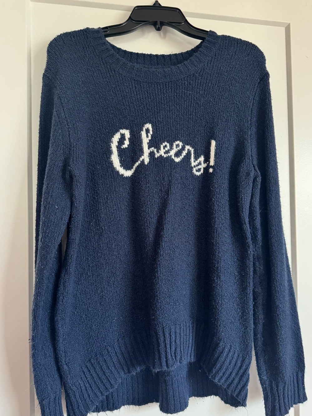 Bass Navy Sweater with White "Cheers!" Script